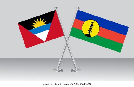 Bandeiras cruzadas de Antígua e Barbuda e Nova Caledônia. Cores oficiais. Proporção correta. Design de banner