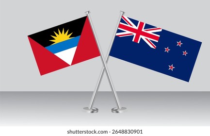 Crossed flags of Antigua and Barbuda and New Zealand. Official colors. Correct proportion. Banner design