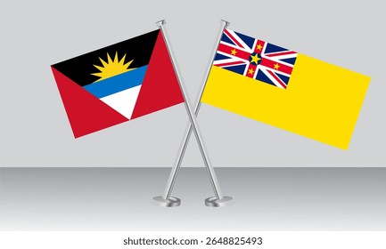 Bandeiras cruzadas de Antígua e Barbuda e Niue. Cores oficiais. Proporção correta. Design de banner