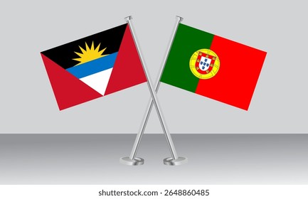 Bandeiras cruzadas de Antígua e Barbuda e Portugal. Cores oficiais. Proporção correta. Design de banner