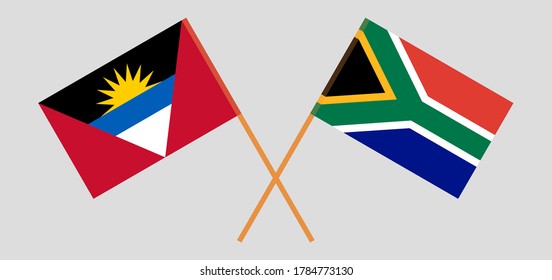 Crossed flags of Antigua and Barbuda and Republic of South Africa. Official colors. Correct proportion. Vector illustration
