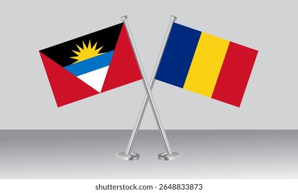 Crossed flags of Antigua and Barbuda and Romania. Official colors. Correct proportion. Banner design