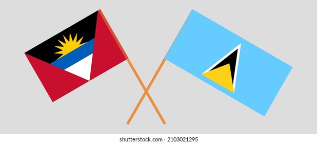 Überquerte Flaggen von Antigua und Barbuda und Saint Lucia. Offizielle Farben. Richtiger Anteil. Vektorgrafik
