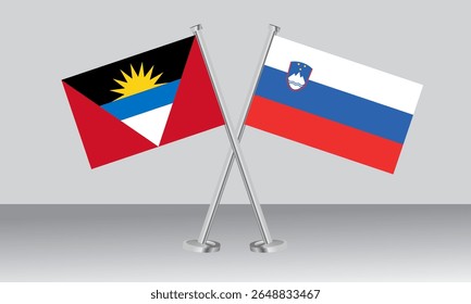 Bandeiras cruzadas de Antígua e Barbuda e da Eslovênia. Cores oficiais. Proporção correta. Design de banner