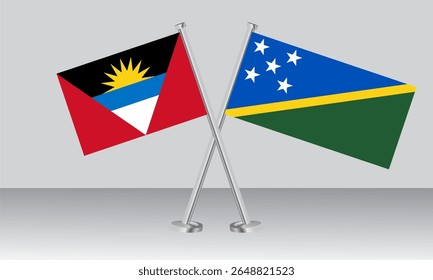 Bandeiras cruzadas de Antígua e Barbuda e Ilhas Salomão. Cores oficiais. Proporção correta. Design de banner