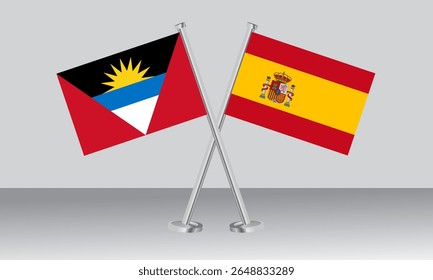 Bandeiras cruzadas de Antígua e Barbuda e Espanha. Cores oficiais. Proporção correta. Design de banner