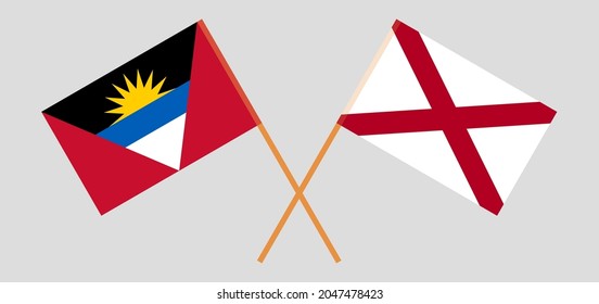 Crossed flags of Antigua and Barbuda and The State of Alabama. Official colors. Correct proportion