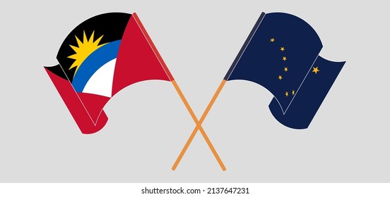 Gekreuzte Flaggen von Antigua und Barbuda und der Staat Alaska. Offizielle Farben. Richtiger Anteil. Vektorgrafik
