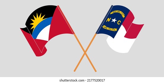 Crossed flags of Antigua and Barbuda and The State of North Carolina. Official colors. Correct proportion. Vector illustration
