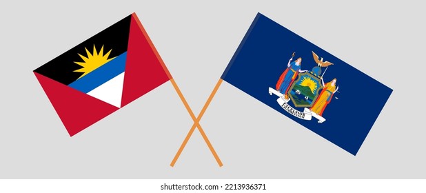 Crossed flags of Antigua and Barbuda and The State of New York. Official colors. Correct proportion. Vector illustration
