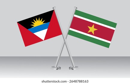 Crossed flags of Antigua and Barbuda and Suriname. Official colors. Correct proportion. Banner design
