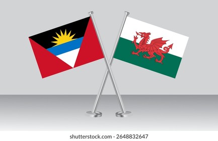 Bandeiras cruzadas de Antígua e Barbuda e País de Gales. Cores oficiais. Proporção correta. Design de banner