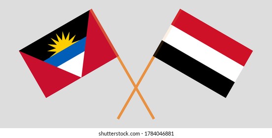 Gekreuzte Flaggen von Antigua und Barbuda und Jemen. Offizielle Farben. Richtiger Anteil. Vektorgrafik
