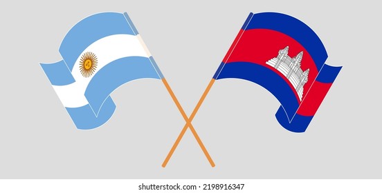 Crossed flags of Argentina and Cambodia. Official colors. Correct proportion. Vector illustration
