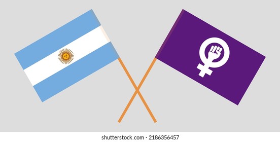 Crossed flags of Argentina and Feminism. Official colors. Correct proportion. Vector illustration

