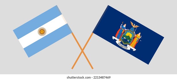 Crossed flags of Argentina and The State of New York. Official colors. Correct proportion. Vector illustration
