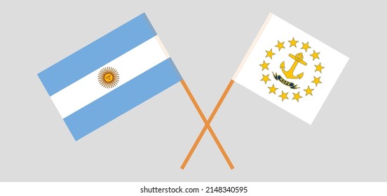 Überquerte Flaggen von Argentinien und der Staat von Rhode Island. Offizielle Farben. Richtiger Anteil. Vektorgrafik
