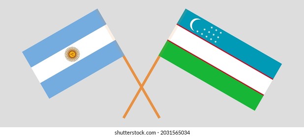 Crossed flags of Argentina and Uzbekistan. Official colors. Correct proportion