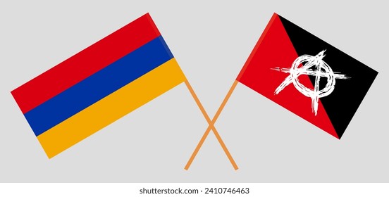 Crossed flags of Armenia and anarchy. Official colors. Correct proportion. Vector illustration
