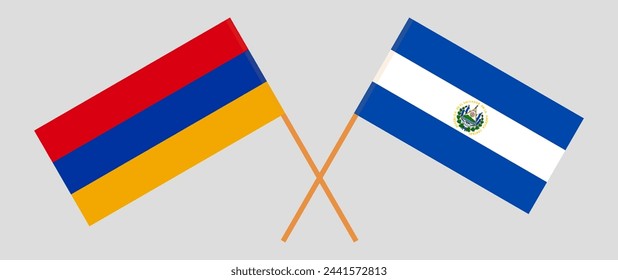 Crossed flags of Armenia and El Salvador. Official colors. Correct proportion. Vector illustration
