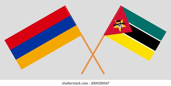 Crossed flags of Armenia and Mozambique. Official colors. Correct proportion