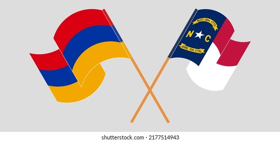 Crossed flags of Armenia and The State of North Carolina. Official colors. Correct proportion. Vector illustration
