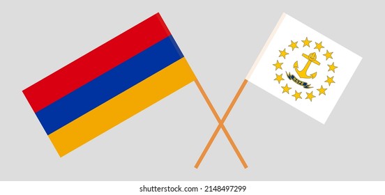Banderas cruzadas de Armenia y el estado de la isla Rhode. Colores oficiales. Proporción correcta. Ilustración del vector

