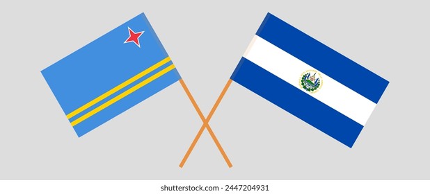 Crossed flags of Aruba and El Salvador. Official colors. Correct proportion. Vector illustration
