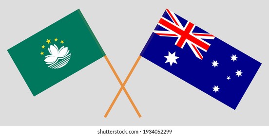 Banderas cruzadas de Australia y Macao. Colores oficiales. Proporción correcta