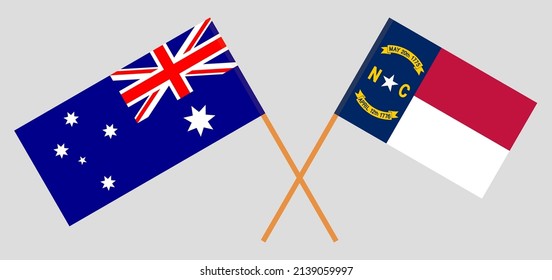 Crossed flags of Australia and The State of North Carolina. Official colors. Correct proportion. Vector illustration
