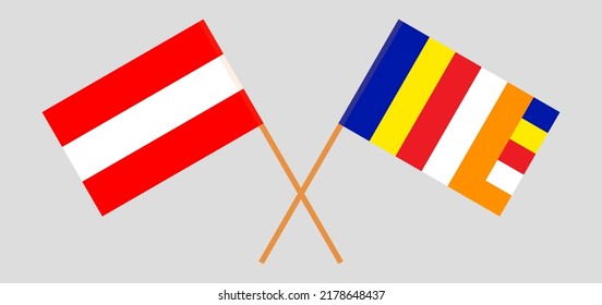 Crossed flags of Austria and Buddhism. Official colors. Correct proportion. Vector illustration
