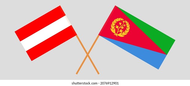 Überkreuzte Flaggen von Österreich und Eritrea. Offizielle Farben. Richtiger Anteil. Vektorgrafik

