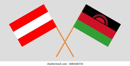 Überquerte Flaggen von Österreich und Malawi. Offizielle Farben. Richtiger Anteil