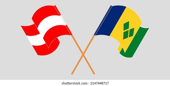 Überkreuzte Flaggen von Österreich und St. Vincent und die Grenadinen. Offizielle Farben. Richtiger Anteil. Vektorgrafik
