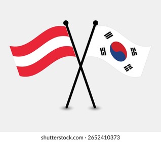 Bandeiras cruzadas da Áustria e da Coreia do Sul, representando a diplomacia.