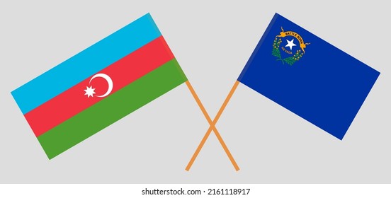 Gekreuzte Flaggen von Aserbaidschan und dem Staat Nevada. Offizielle Farben. Richtiger Anteil. Vektorgrafik
