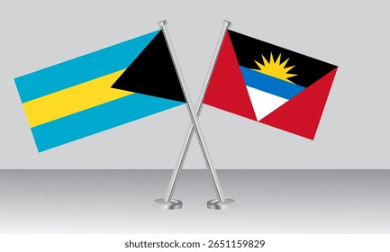 Bandeiras cruzadas das Bahamas e Antígua e Barbuda. Cores oficiais. Proporção correta. Design de banner