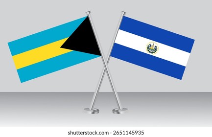 Bandeiras cruzadas das Bahamas e El Salvador. Cores oficiais. Proporção correta. Design de banner