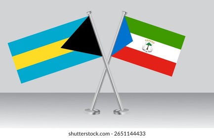 Bandeiras cruzadas das Bahamas e da Guiné Equatorial. Cores oficiais. Proporção correta. Design de banner