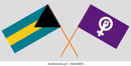 Crossed flags of the Bahamas and Feminism. Official colors. Correct proportion. Vector illustration
