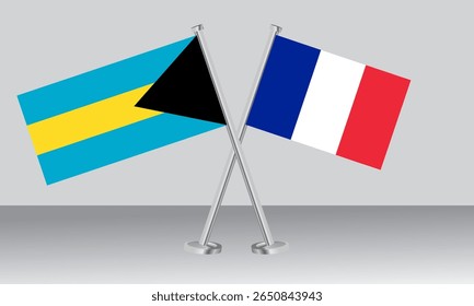 Bandeiras cruzadas das Bahamas e da França. Cores oficiais. Proporção correta. Design de banner