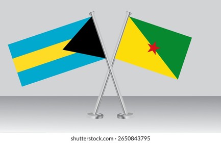 Crossed flags of Bahamas and French Guiana. Official colors. Correct proportion. Banner design
