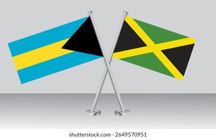 Bandeiras cruzadas das Bahamas e da Jamaica. Cores oficiais. Proporção correta. Design de banner
