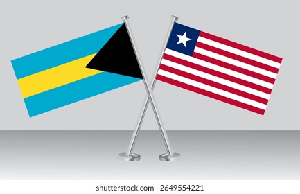 Bandeiras cruzadas das Bahamas e da Libéria. Cores oficiais. Proporção correta. Design de banner
