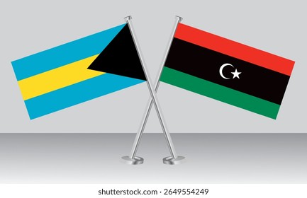 Banderas cruzadas de Bahamas y Libia. Colores oficiales. Proporción correcta. Diseño de Anuncio