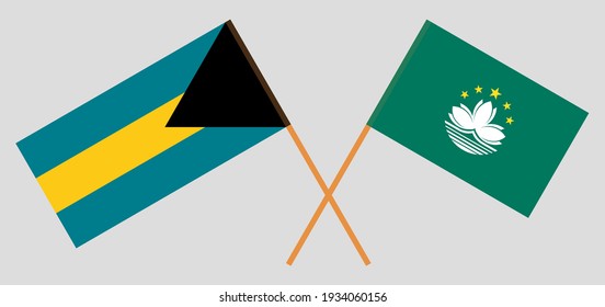 Banderas cruzadas de Bahamas y Macao. Colores oficiales. Proporción correcta