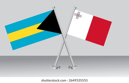 Crossed flags of Bahamas and Malta. Official colors. Correct proportion. Banner design