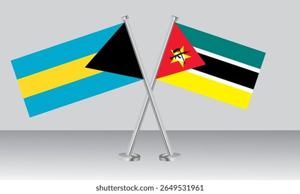 Crossed flags of Bahamas and Mozambique. Official colors. Correct proportion. Banner design