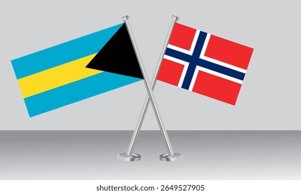 Bandeiras cruzadas das Bahamas e da Noruega. Cores oficiais. Proporção correta. Design de banner