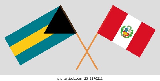 Crossed flags of the Bahamas and Peru. Official colors. Correct proportion. Vector illustration
